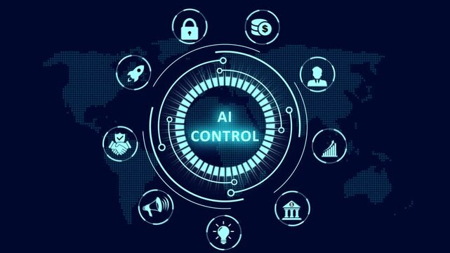 AI control HUD interface animation with a glowing circular network diagram and monitoring icons over a world map for global system command and operations.