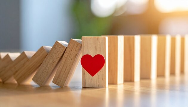 Falling wooden domino blocks on office desk, one upright with red heart symbol, representing emotional interruption in chain reaction.
