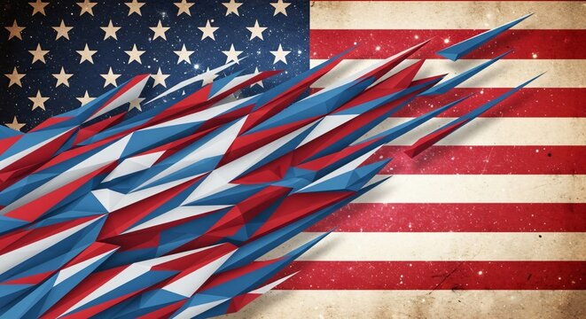 Drapeau am&eacute;ricain abstrait aux &eacute;clats g&eacute;om&eacute;triques 3D dynamiques, style vintage grunge, patriotisme puissant pour la Journ&eacute;e du Souvenir, Memorial Day et comm&eacute;morations nationales.