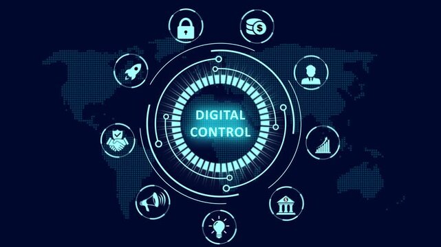 Modern digital control HUD interface animation with a glowing circular network diagram and command icons over a world map for global operations management and integration.