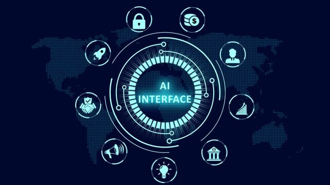 AI interface HUD animation featuring a glowing circular network diagram with interaction icons over a world map for global advanced high-tech user experience.
