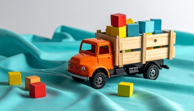 Orange toy truck with wooden cargo bed unloading colorful cubes on turquoise fabric, symbolizing playful creativity and vibrant design.