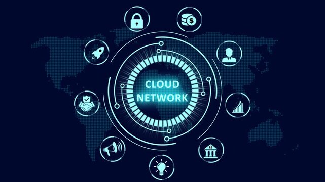 Cloud network HUD interface animation with a glowing circular network diagram and storage icons over a world map for advanced global virtual infrastructure and data flow.