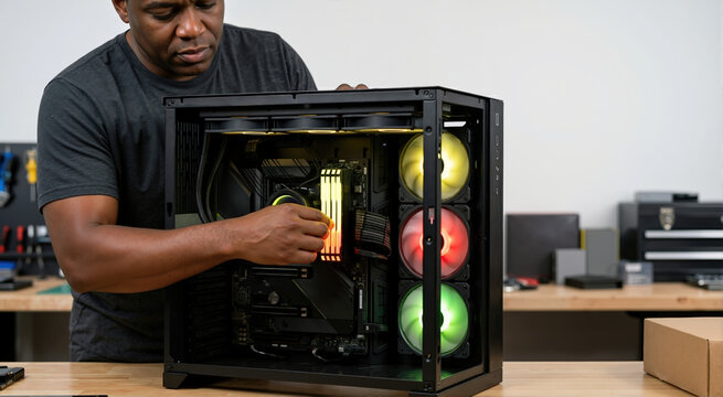 Black male PC builder installing RGB memory in custom computer. Tech technician assembling desktop with colorful yellow red and green cooling fans.  