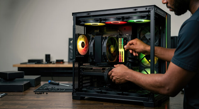 Black male technician building custom desktop computer with RGB lighting. PC builder installing hardware components with yellow red and green fans.  