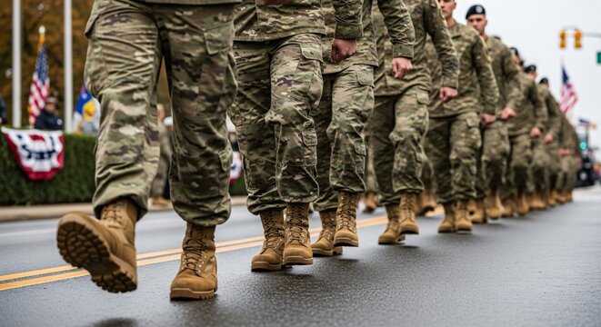 Soldats marchant au pas lors d'un d&eacute;fil&eacute; militaire pour la Journ&eacute;e du Souvenir, bottes de combat, uniformes camouflage, patriotisme, honneur, comm&eacute;moration et respect national.
