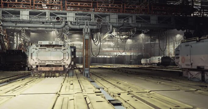 Massive assembly line with heavy machinery and gantry rails stretching into depth, dense industrial lighting revealing steel beams and catwalks. Robust