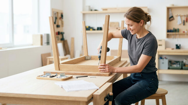 Smiling woman using a power drill to assemble a wooden table in a workshop. Female carpenter working on a DIY furniture building project