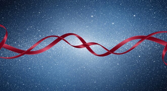 Ruban rouge &eacute;l&eacute;gant ondulant dans un ciel nocturne &eacute;toil&eacute;, concept de comm&eacute;moration pour la Journ&eacute;e du Souvenir, hommage solennel, fond bleu infini et symbolique de m&eacute;moire.