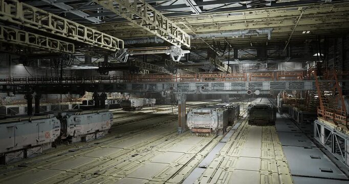 Busy retrofit assembly bay with scaffolding and cranes, engineers reviewing blueprints and integration plans, welding and metalwork stations staged