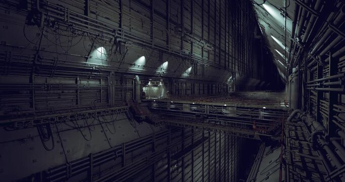 Long futuristic transit tunnel with neon strips and deep perspective investigation team deploys drone scanner along metallic panels and ventilation conduits,