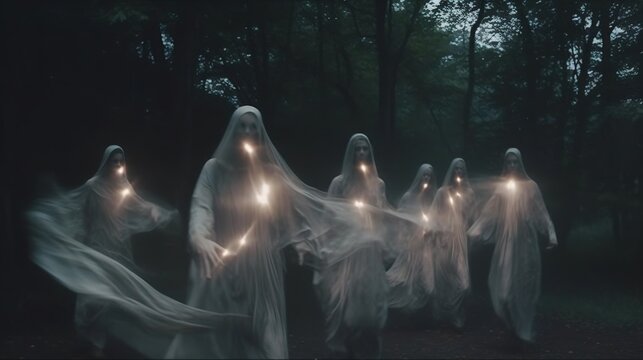 Transparent ghosts drift slowly through the night, illuminated by glowing fireflies in a haunting scene.