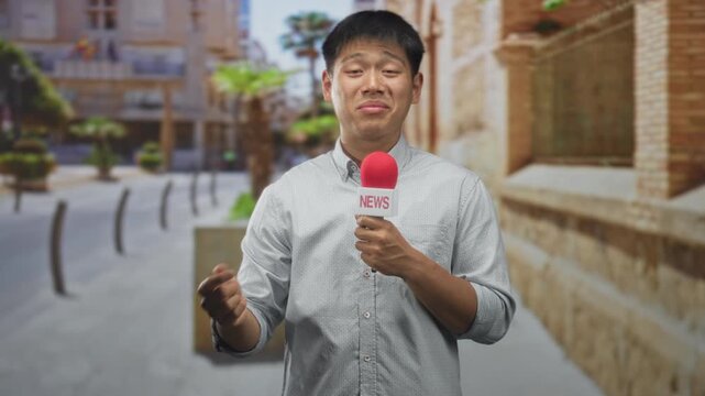 Man holding red microphone labeled news with right hand and left palm up hand gesture, eyes squinting, wearing button shirt, standing on sunlit street with stone buildings; amused reporting.