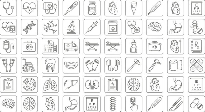 Medical healthcare outline icons set with hospital equipment anatomy and diagnostic symbols vector illustration collection