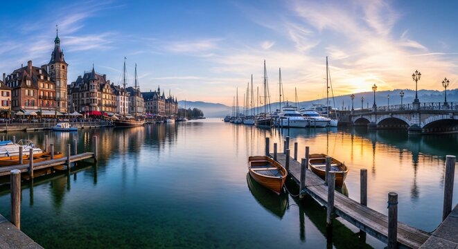 Port historique au cr&eacute;puscule, lac serein avec reflets dor&eacute;s et bateaux en bois, architecture europ&eacute;enne ancienne, ambiance paisible propice &agrave; la r&eacute;flexion et au souvenir.