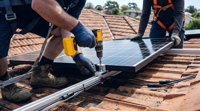 Two workers in safety harnesses installing solar panels on a tiled rooftop using a power drill
