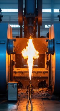 Industrial flamethrower ignites intense fire for precise manufacturing process in modern factory