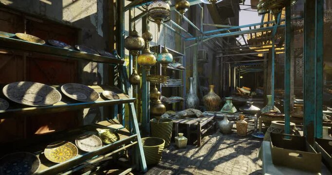 bright bazaar interior with ceramics display on tiered shelves, shafts of light create strong contrasts and highlight metallic vessels and handcrafted pots,