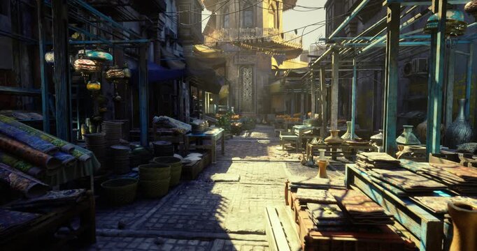 golden hour bazaar lane with crates and cookware, courier imagined loading wooden boxes while warm light streams between canopies, long shadows on cobblestone,