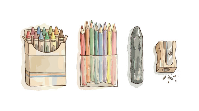 Crayons in a box, colored pencil set, graphite stick, and a sharpener, soft naive watercolor illustration, humble old-fashioned