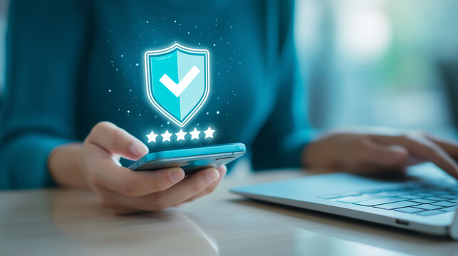 Secure service verification with shield checkmark and rating stars above smartphone, trusted payment, online safety, customer protection and digital security concept. secure servic