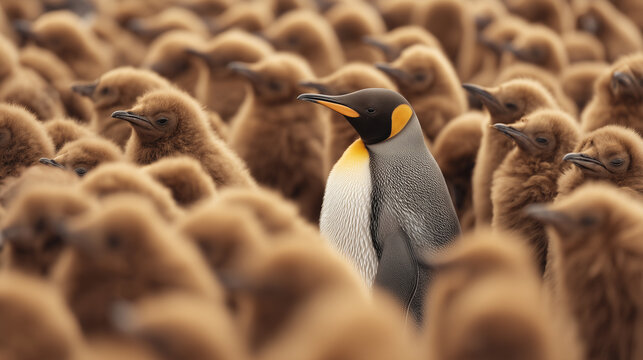 Adult king penguin standing out among fluffy brown chicks in a crowded colony, uniqueness, leadership, individuality, nature, wildlife and difference concept. penguin, king penguin