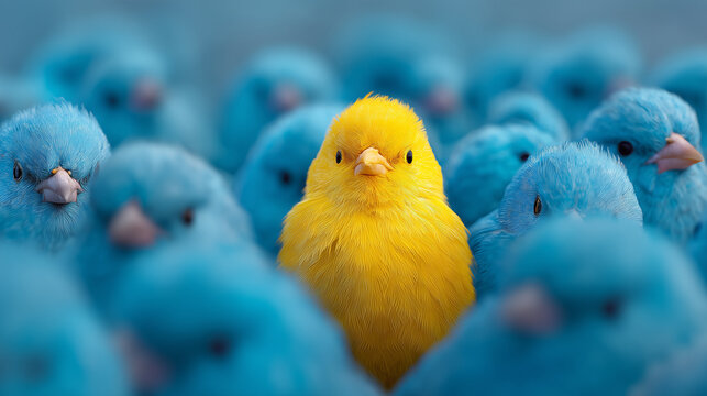 Yellow bird standing out among many blue birds in a crowded group, uniqueness, individuality, leadership, confidence and standing out from the crowd concept. yellow bird, blue bird