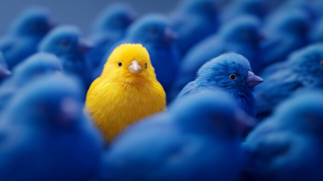 Yellow bird standing out among many blue birds in a crowded group, uniqueness, individuality, leadership, confidence and standing out from the crowd concept. yellow bird, blue bird