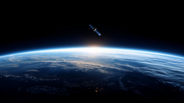 Satellite orbiting above Earth horizon in deep space exploration concept Description Satellite orbiting above Earth horizon in deep space, aerospace technology, global communicatio
