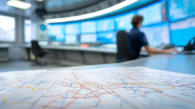 Transport control room with route maps in foreground and operator monitoring screens, traffic management, logistics coordination, public transport and dispatch concept. transport c