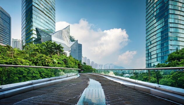 futuristic pedestrian bridge with glass office buildings and urban greenery in hong kong city china green city infrastructure futuristic urban mobility innovation sustainable architecture