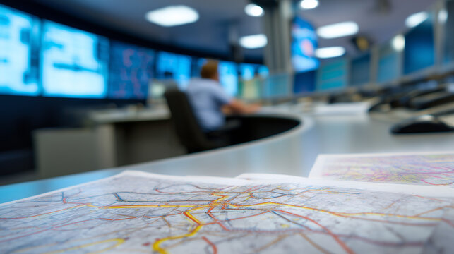 Transport control room with route maps in foreground and operator monitoring screens, traffic management, logistics coordination, public transport and dispatch concept. transport c