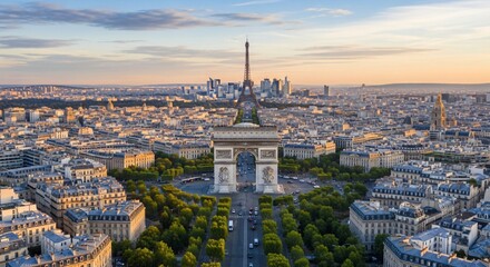 Arc de Triomphe majestueux au crépuscule avec la Tour Eiffel, vue panoramique de Paris pour la Journée du Souvenir, patrimoine historique français et architecture urbaine.