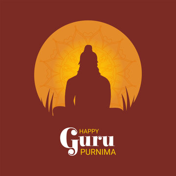Happy Guru Purnima! Festive banner with a guru silhouette against a moon background for the Indian holiday. Vector image.