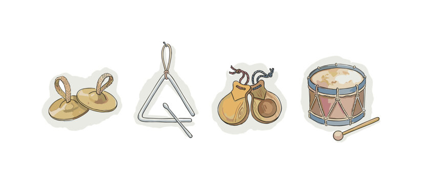 Finger cymbals, triangle, castanets, and a small drum, soft naive watercolor illustration, humble old-fashioned storybook feel,