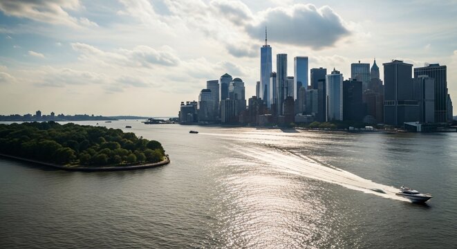 Skyline de Manhattan avec le One World Trade Center, symbole de r&eacute;silience et de m&eacute;moire, horizon urbain de New York au soleil, hommage patriotique et majest&eacute; de la ville.