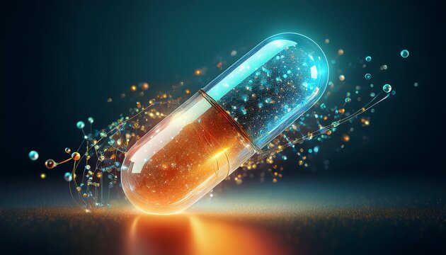 abstract of an open pill capsule with glowing particles and splash symbolizing medicine and health tech
