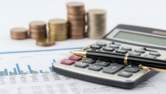 A black calculator with a gold-accented pen resting on placed over a financial report with bar charts and stacks of gold coins in the background