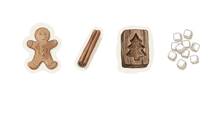 Gingerbread man, cinnamon stick, wooden baking mold, and a bunch of sugar cubes spaced out horizontally with airy gaps, soft naive