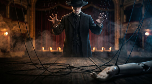 Shadowy puppeteer in a hat manipulates marionette strings over a wooden stage, surrounded by theatrical smoke and warm lights