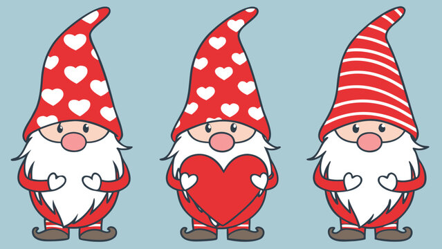Vector illustration set of three cute valentines day gnomes with red hats and hearts
