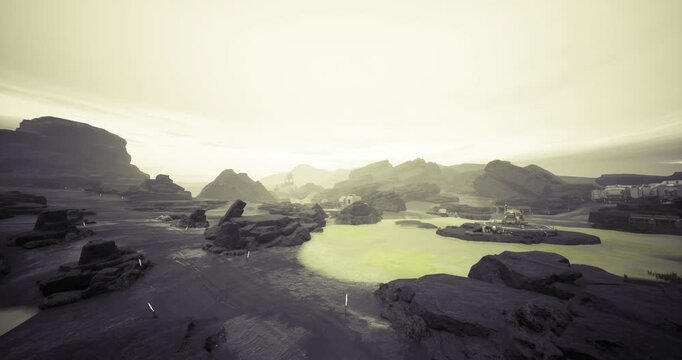 Muted dawn valley with survey camp and monitoring instruments, wetland channels and algae patches visible near reflective pools, drone mapping and sensor towers