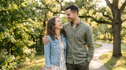 Fototapeta premium Happy couple outdoor portrait with smiles, man and woman relationship lifestyle, young friends casual people joy, summer romance