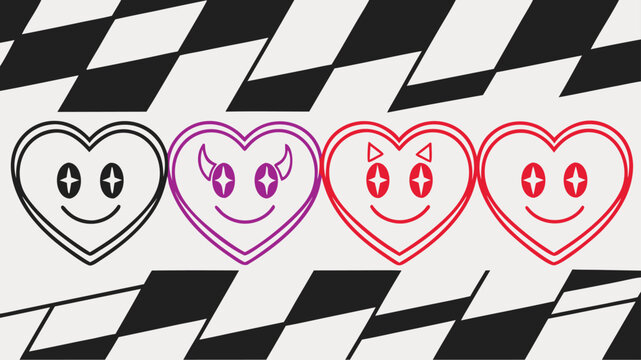 Vector illustration set of four heartshaped smiley faces with different expressions and colors on a checkered background