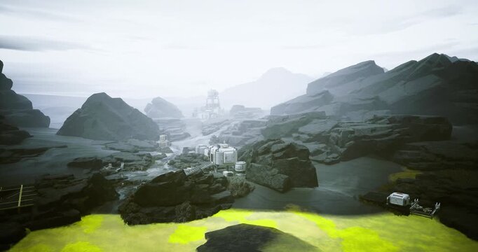 Foggy rocky landscape with neon moss, distant ridges fading into mist, shallow reflective pools dotted among basalt boulders, lichen patches, muted green