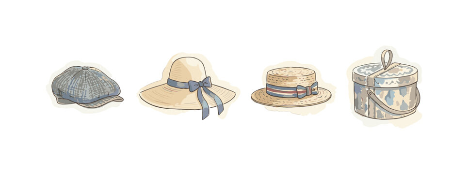 Cap, wide-brimmed hat, boaters hat, and a hat box spaced out with airy gaps in a row, soft naive watercolor illustration, humble