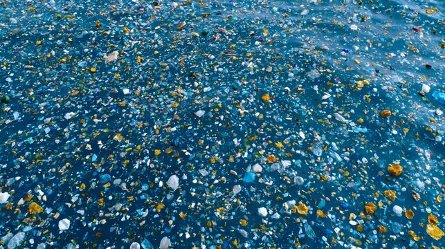 Plastic waste floating on the surface of polluted blue water.