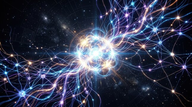 Intricate digital visualization of an electric neuron network with glowing nodes and light paths cascading towards a brilliant