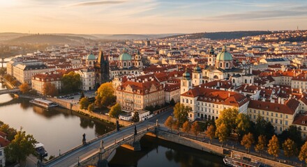 Obraz premium Panorama aérien de Prague au coucher du soleil, Pont Charles et dômes baroques, lumière dorée sur la Vltava, paysage urbain historique, patrimoine de la Bohême en automne.