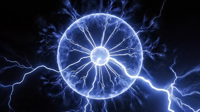 Plasma ball energy arcs with electric blue lightning against a dark background